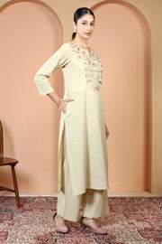 Beige Pure Cotton Embroidered Straight Kurta Wide Leg Pants Co-Ord Set