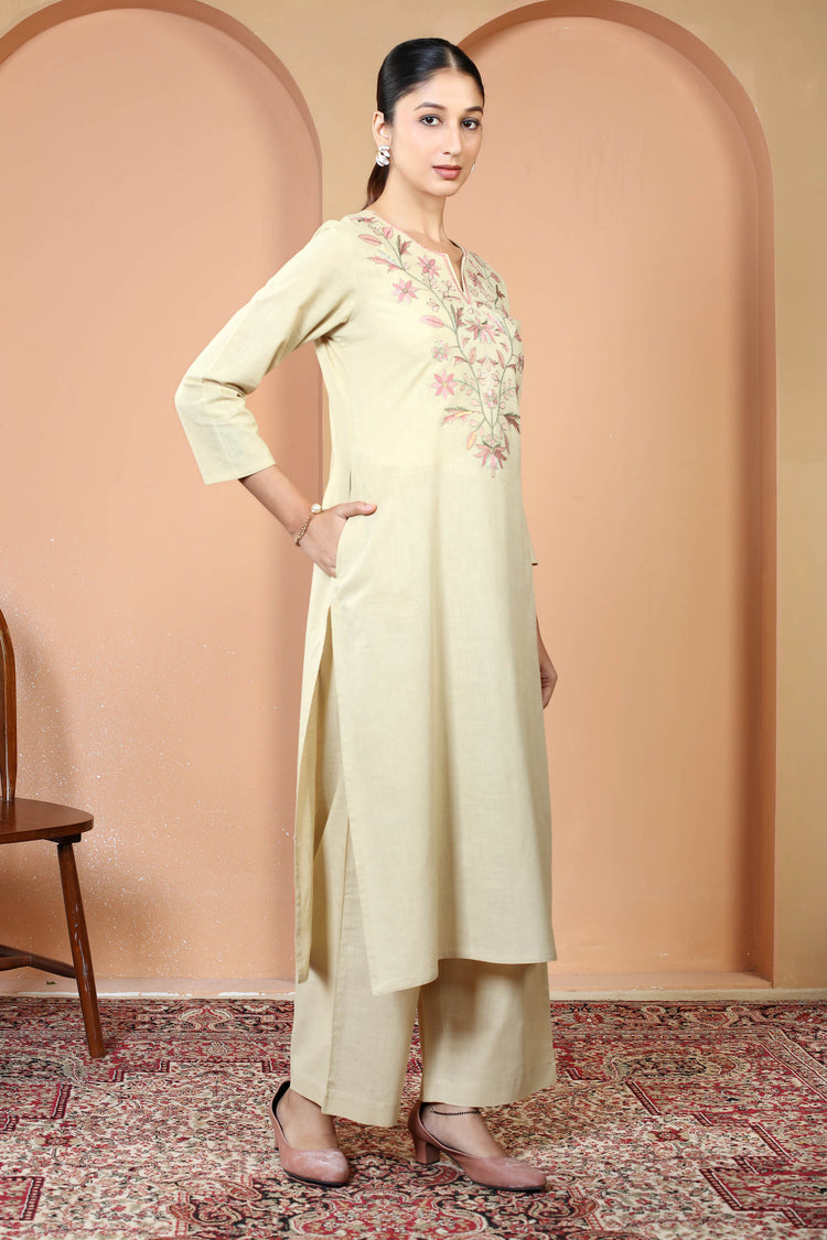 Beige Pure Cotton Embroidered Straight Kurta Wide Leg Pants Co-Ord Set