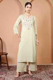 Beige Pure Cotton Embroidered Straight Kurta Wide Leg Pants Co-Ord Set