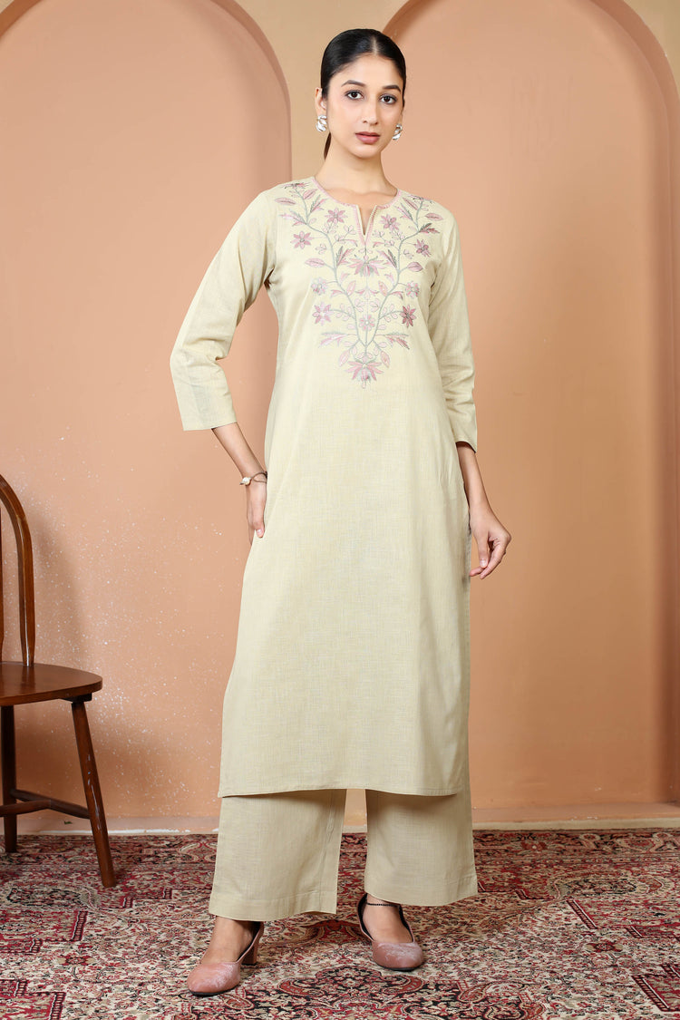 Beige Pure Cotton Embroidered Straight Kurta Wide Leg Pants Co-Ord Set