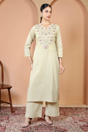 Beige Pure Cotton Embroidered Straight Kurta Wide Leg Pants Co-Ord Set