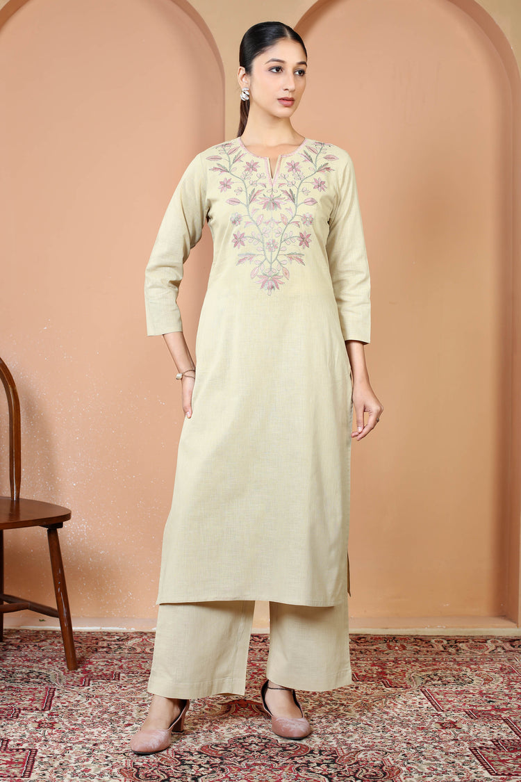 Beige Pure Cotton Embroidered Straight Kurta Wide Leg Pants Co-Ord Set