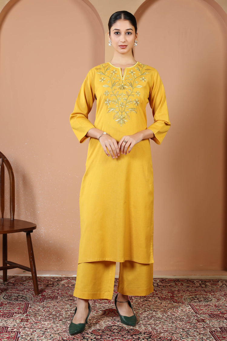 Mustard Solid Printed Pure Cotton Embroidered Co-Ord Set