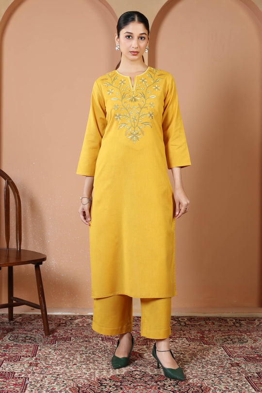 Mustard Solid Printed Pure Cotton Embroidered Co-Ord Set