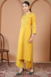 Mustard Solid Printed Pure Cotton Embroidered Co-Ord Set