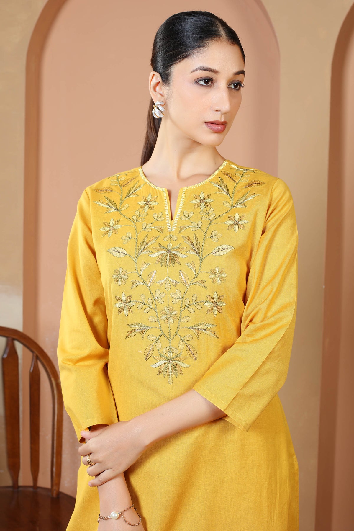 Mustard Solid Printed Pure Cotton Embroidered Co-Ord Set