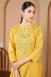 Mustard Solid Printed Pure Cotton Embroidered Co-Ord Set