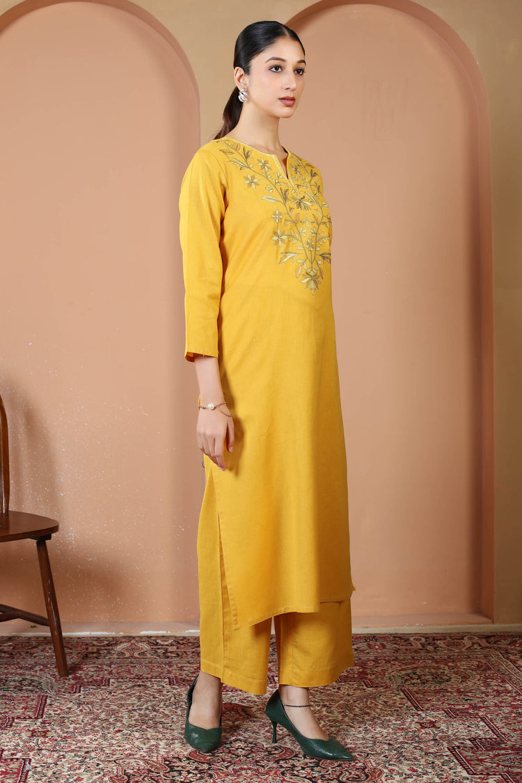 Mustard Solid Printed Pure Cotton Embroidered Co-Ord Set