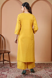 Mustard Solid Printed Pure Cotton Embroidered Co-Ord Set