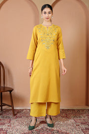 Mustard Solid Printed Pure Cotton Embroidered Co-Ord Set