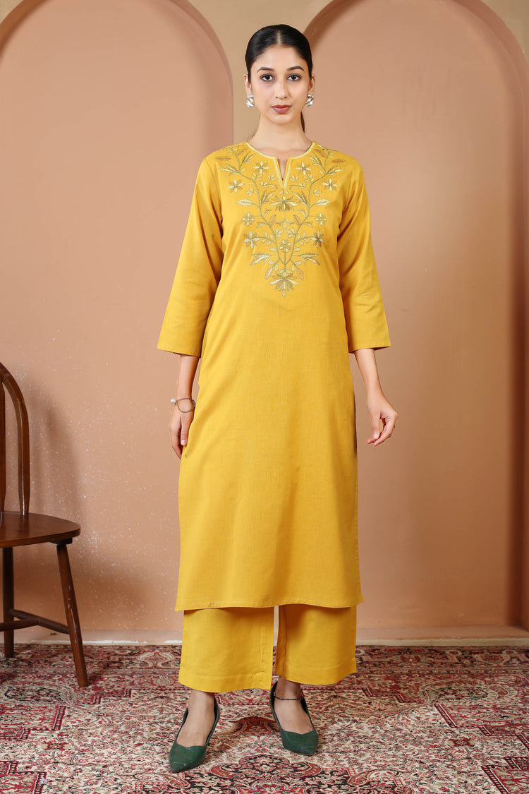 Mustard Solid Printed Pure Cotton Embroidered Co-Ord Set