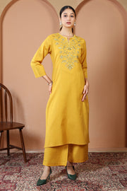Mustard Solid Printed Pure Cotton Embroidered Co-Ord Set
