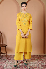 Mustard Solid Printed Pure Cotton Embroidered Co-Ord Set