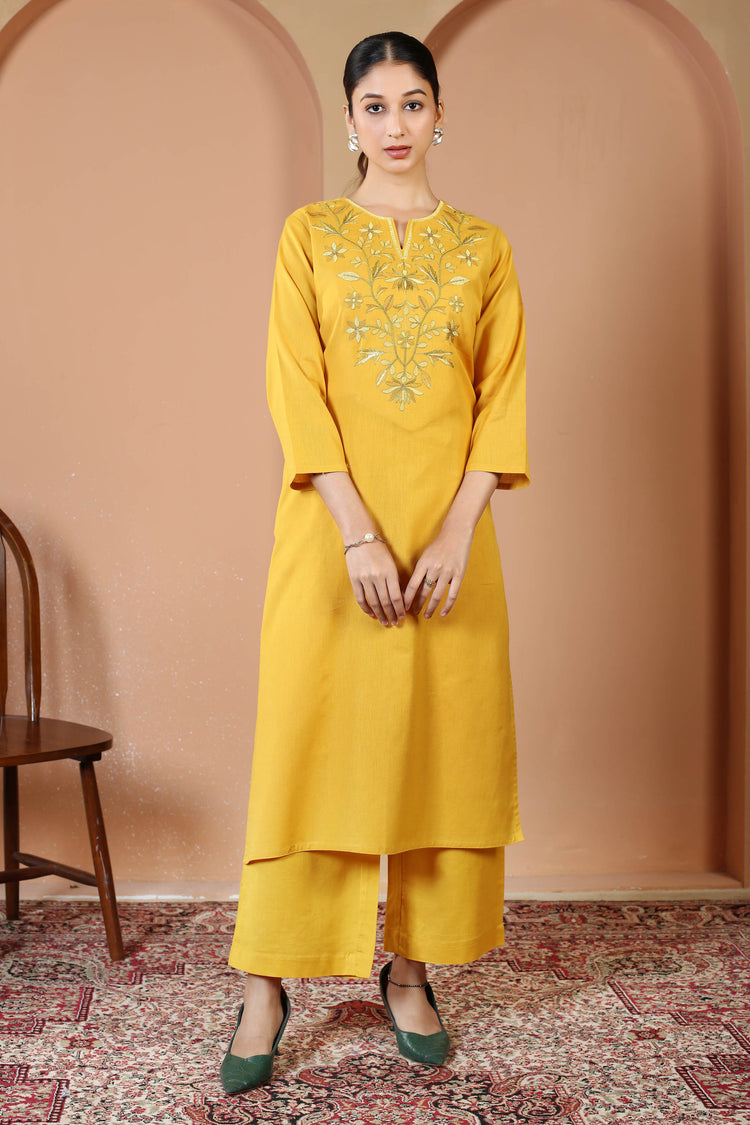 Mustard Solid Printed Pure Cotton Embroidered Co-Ord Set
