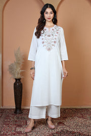 Off White Pure Cotton Embroidered Straight Kurta Wide-Leg Pants Co-Ord Set