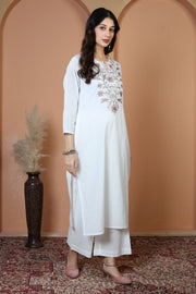 Off White Pure Cotton Embroidered Straight Kurta Wide-Leg Pants Co-Ord Set