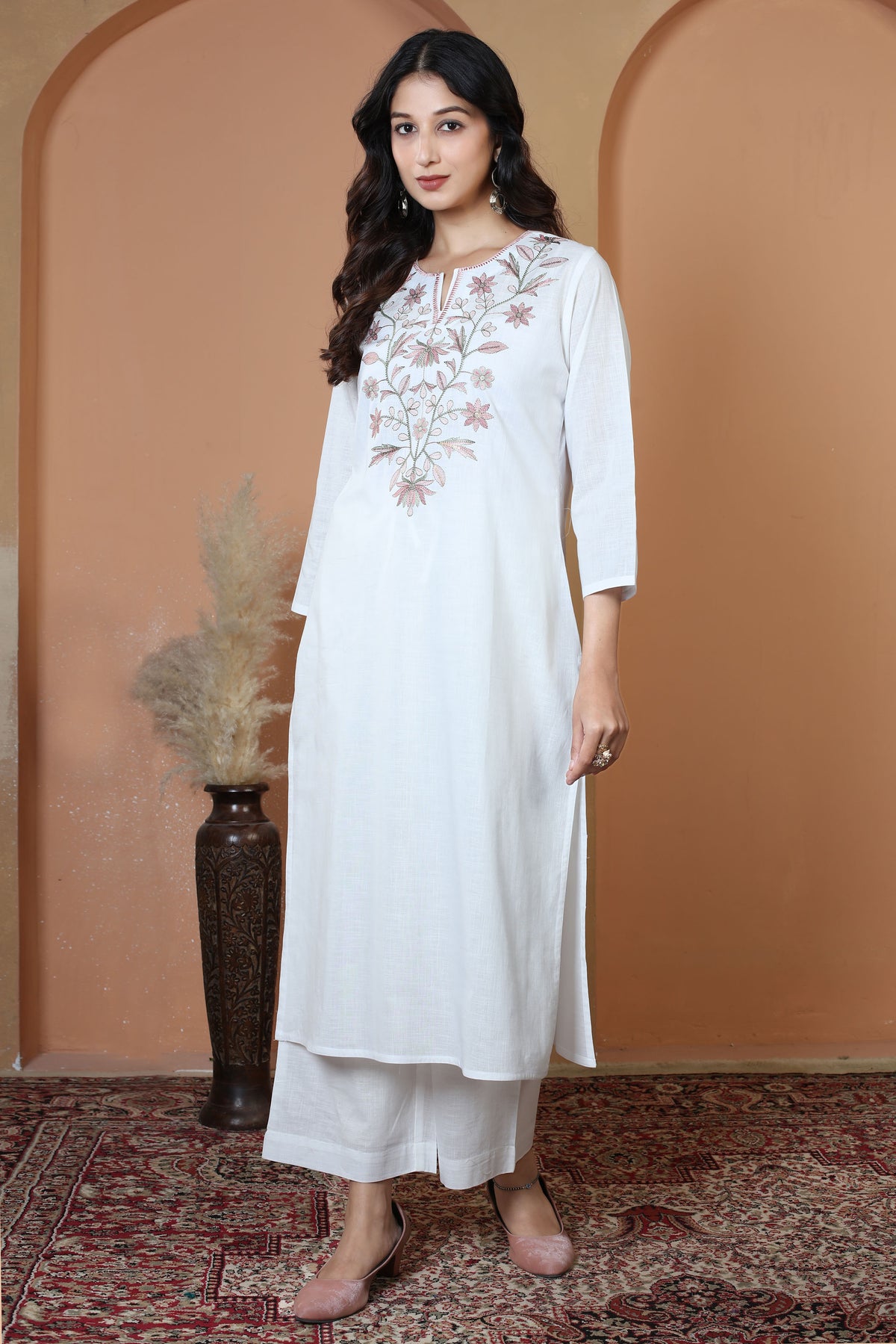 Off White Pure Cotton Embroidered Straight Kurta Wide-Leg Pants Co-Ord Set