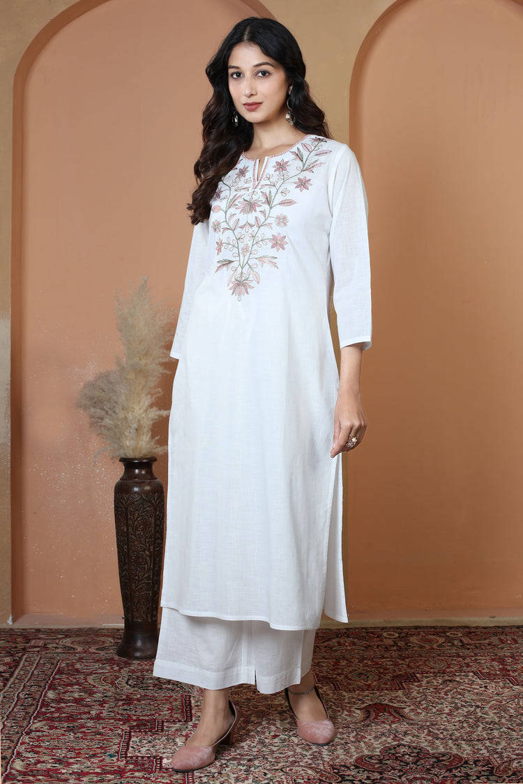 Off White Pure Cotton Embroidered Straight Kurta Wide-Leg Pants Co-Ord Set