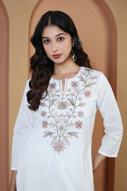 Off White Pure Cotton Embroidered Straight Kurta Wide-Leg Pants Co-Ord Set