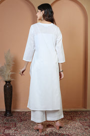 Off White Pure Cotton Embroidered Straight Kurta Wide-Leg Pants Co-Ord Set