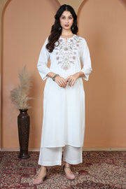 Off White Pure Cotton Embroidered Straight Kurta Wide-Leg Pants Co-Ord Set