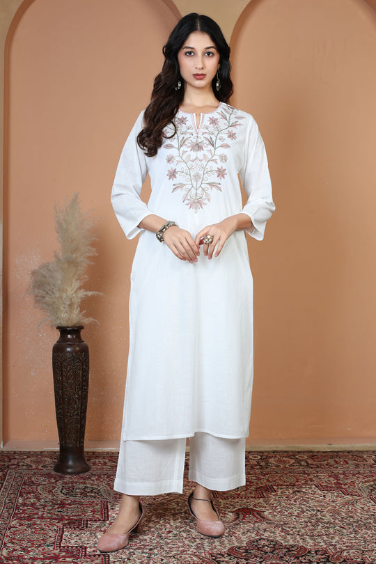 Off White Pure Cotton Embroidered Straight Kurta Wide-Leg Pants Co-Ord Set