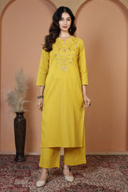 Yellow Floral Embroidered Pure Cotton Ethnic Co-Ord Set