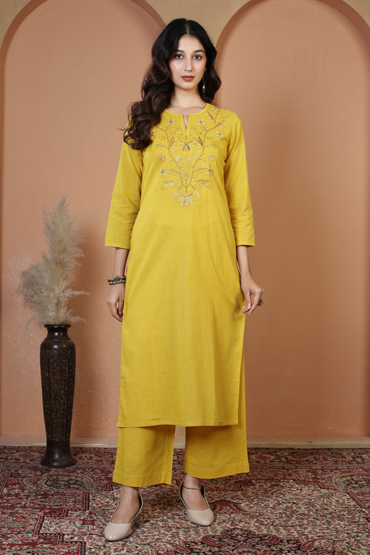 Yellow Floral Embroidered Pure Cotton Ethnic Co-Ord Set