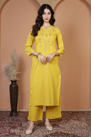 Yellow Floral Embroidered Pure Cotton Ethnic Co-Ord Set