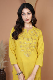 Yellow Floral Embroidered Pure Cotton Ethnic Co-Ord Set