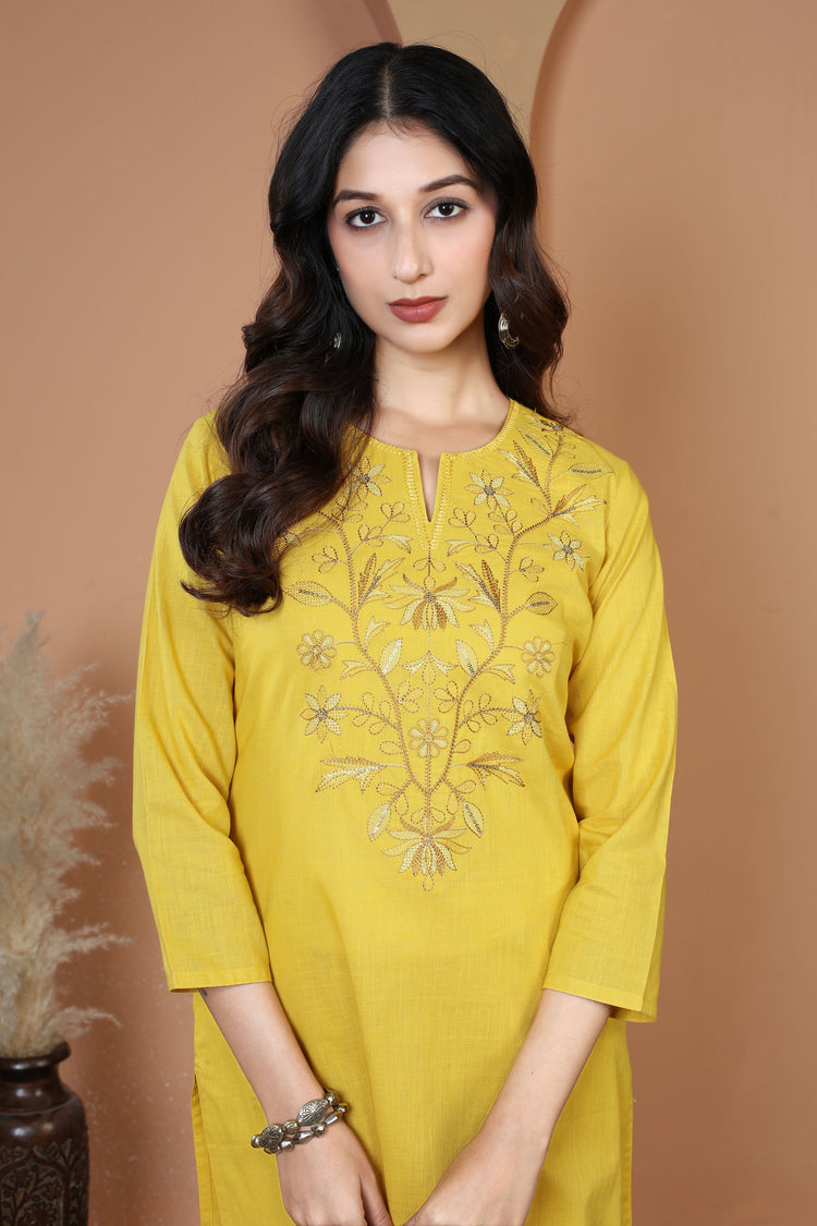 Yellow Floral Embroidered Pure Cotton Ethnic Co-Ord Set