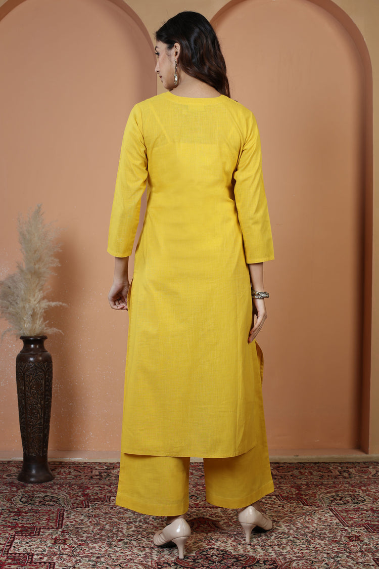 Yellow Floral Embroidered Pure Cotton Ethnic Co-Ord Set