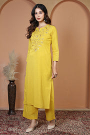 Yellow Floral Embroidered Pure Cotton Ethnic Co-Ord Set