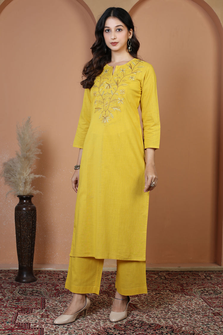Yellow Floral Embroidered Pure Cotton Ethnic Co-Ord Set