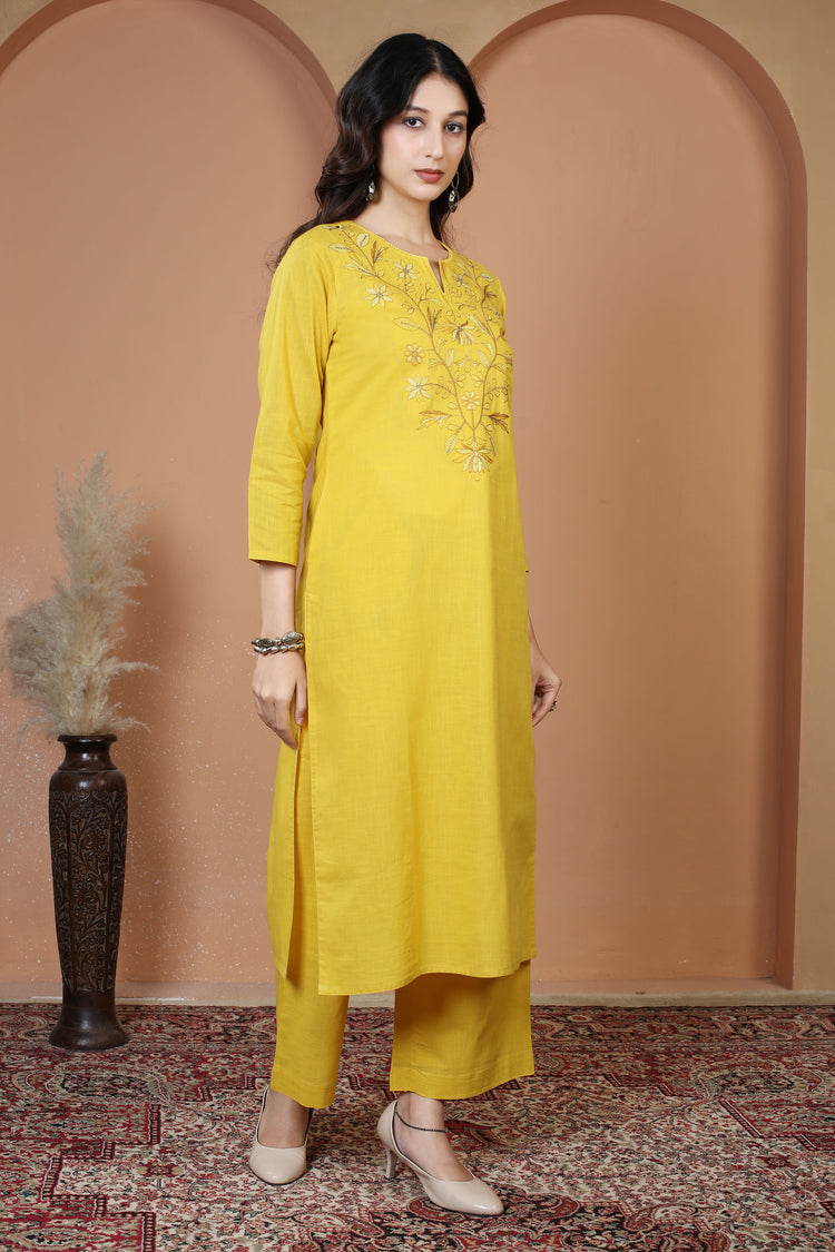 Yellow Floral Embroidered Pure Cotton Ethnic Co-Ord Set
