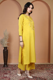 Yellow Floral Embroidered Pure Cotton Ethnic Co-Ord Set