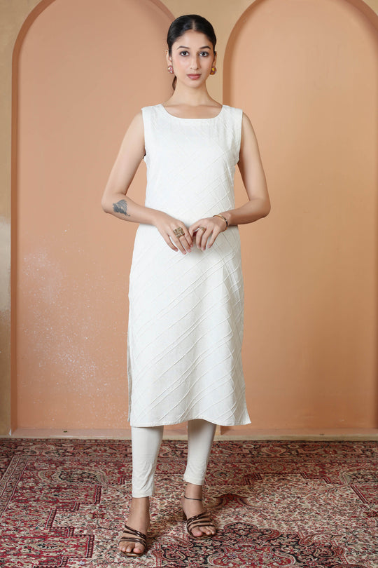 Off White Textured Pure Cotton Sleeveless Straight Kurta