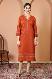 Rust Pure Cotton Printed Kurta with Embroidered Neckline