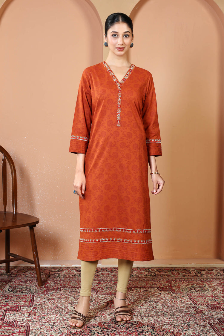Rust Pure Cotton Printed Kurta with Embroidered Neckline