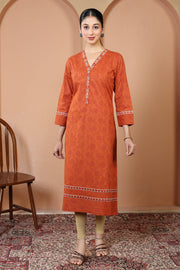 Rust Pure Cotton Printed Kurta with Embroidered Neckline