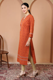 Rust Pure Cotton Printed Kurta with Embroidered Neckline