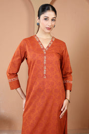 Rust Pure Cotton Printed Kurta with Embroidered Neckline