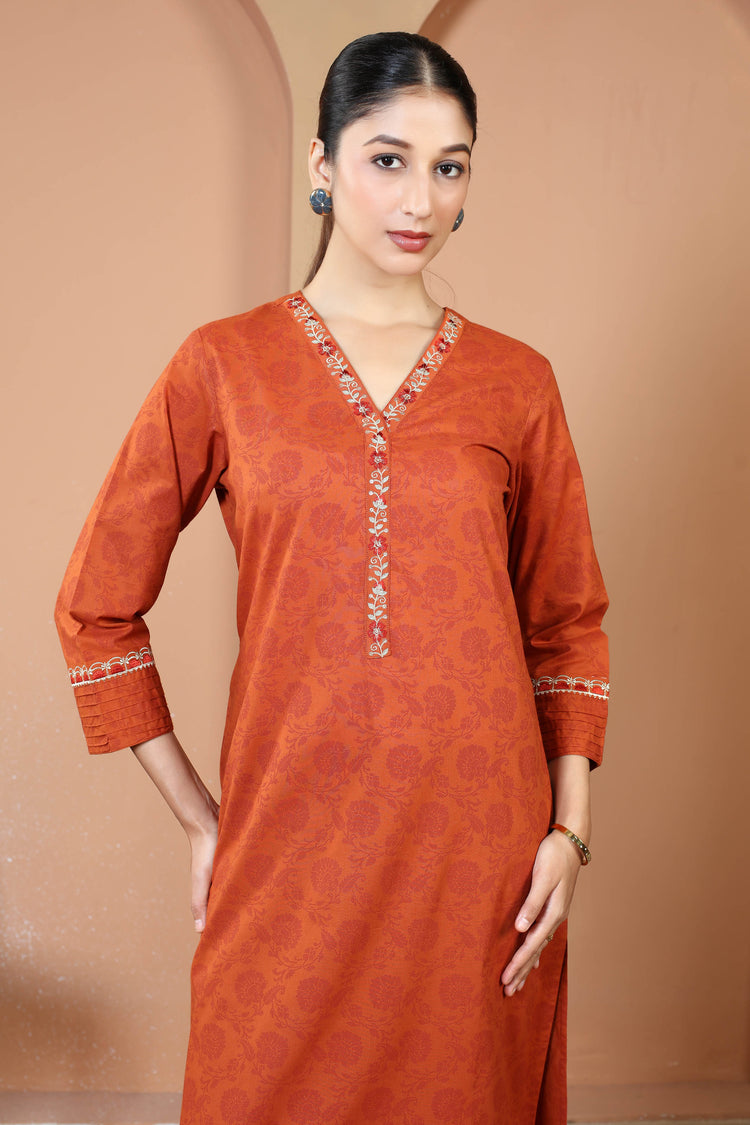 Rust Pure Cotton Printed Kurta with Embroidered Neckline