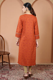 Rust Pure Cotton Printed Kurta with Embroidered Neckline