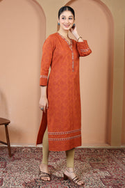 Rust Pure Cotton Printed Kurta with Embroidered Neckline