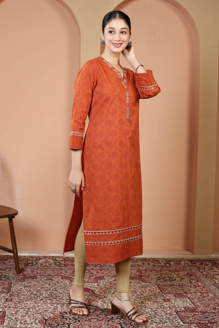 Rust Pure Cotton Printed Kurta with Embroidered Neckline