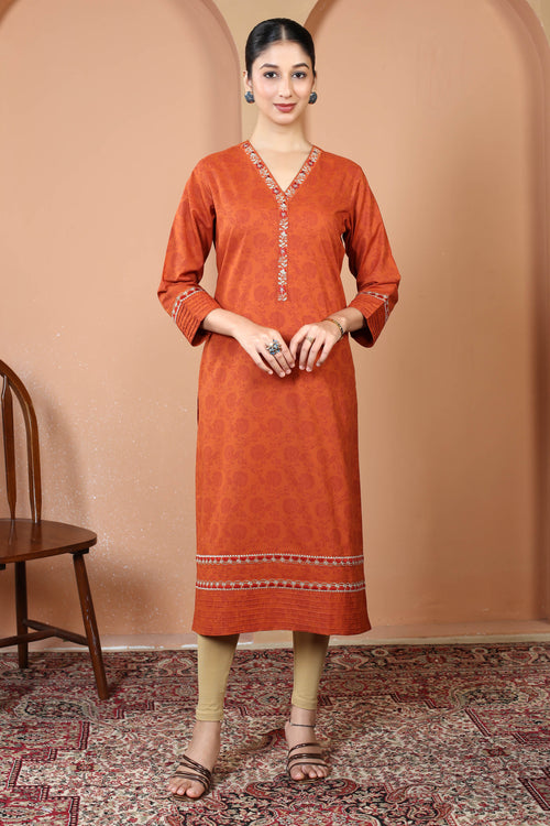 Rust Pure Cotton Printed Kurta with Embroidered Neckline