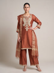 Rust Embroidered Kurta Palazzo Set with Dupatta