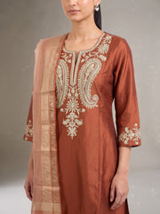 Rust Embroidered Kurta Palazzo Set with Dupatta
