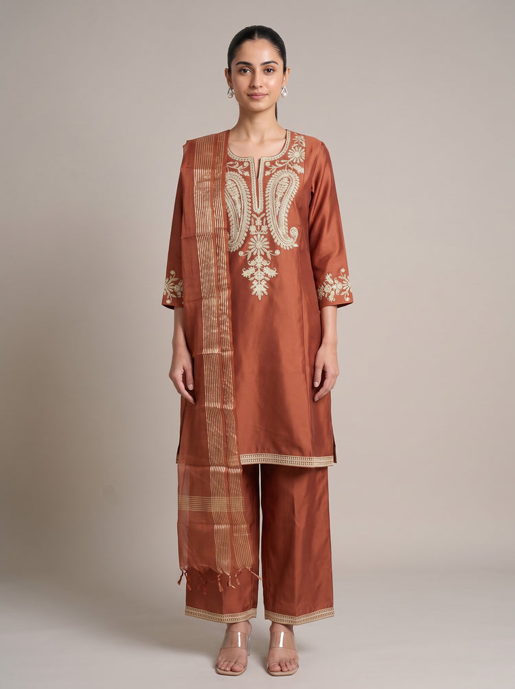 Rust Embroidered Kurta Palazzo Set with Dupatta